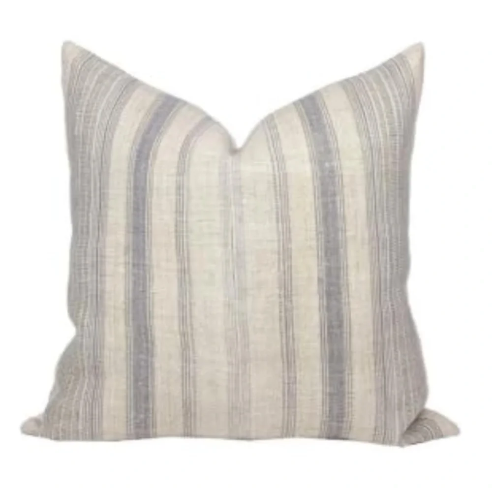 Farmhouse Boho Stripe Beige Gray Linen Pillow Covers SQUARE 24x24” (2-pack)